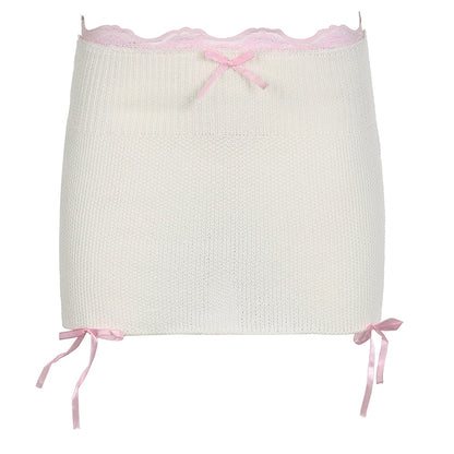 Cream Knit Cute Lace Ribbons Bandage Cozy Mini Skirt