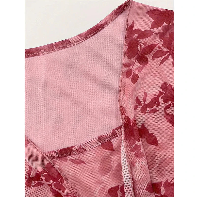 Cute Floral Printed V-Neck Mesh Whimsical Flare Top