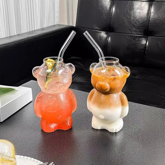 Cute Cartoon Bear Shaped Glass Cup With Straw