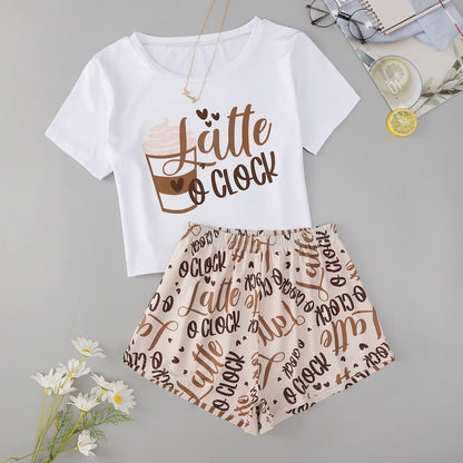 Cute Latte Coffee Lover Shorts & T-Shirt Pyjama Set Sleepwear & Loungewear
