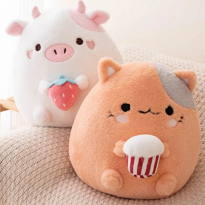 Kawaii Cow and Cat Stuffed Animal Strawberry Popcorn Plushies