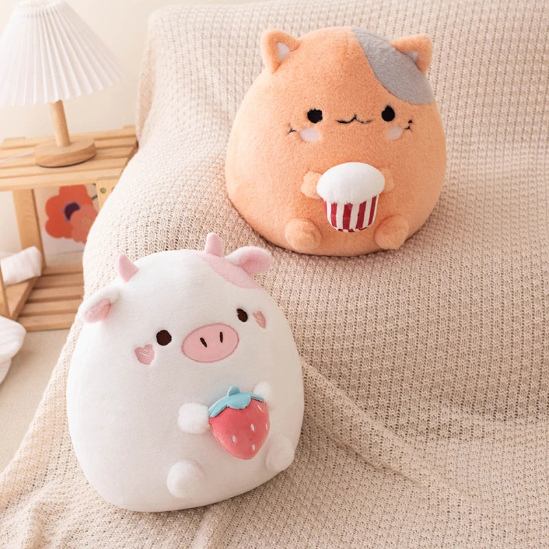 Kawaii Cow and Cat Stuffed Animal Strawberry Popcorn Plushies