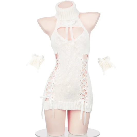 Cozy Anime Grey Turtleneck Knit Halter Dress in White