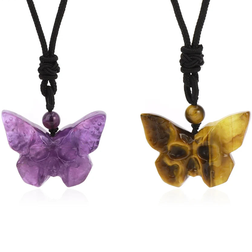 Natural Stone Butterfly Skull Crystal Necklace