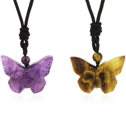 Natural Stone Butterfly Skull Crystal Necklace