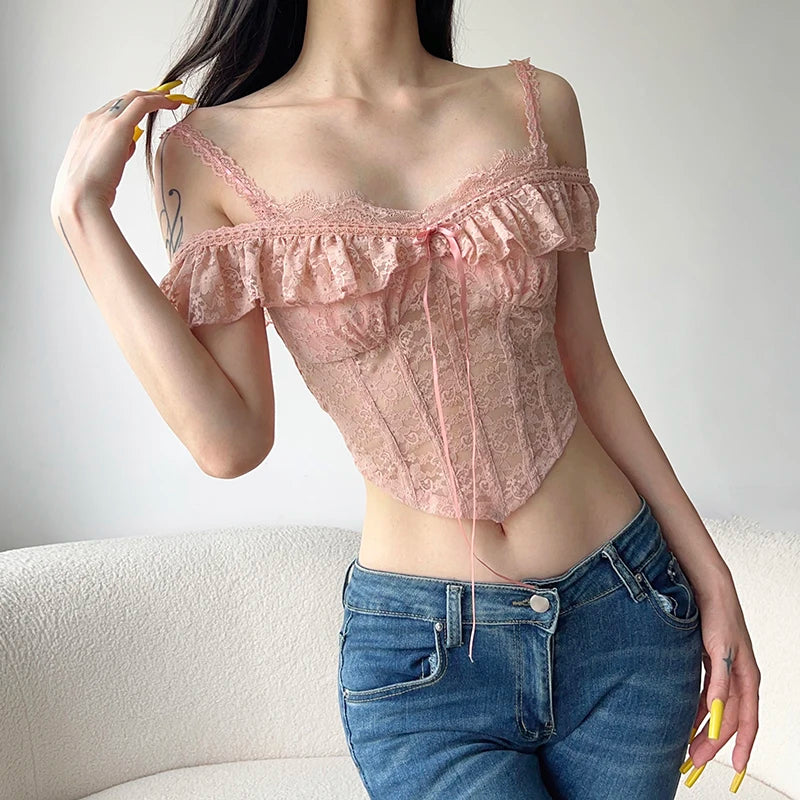 Pink Lace Ruffle Camisole Top