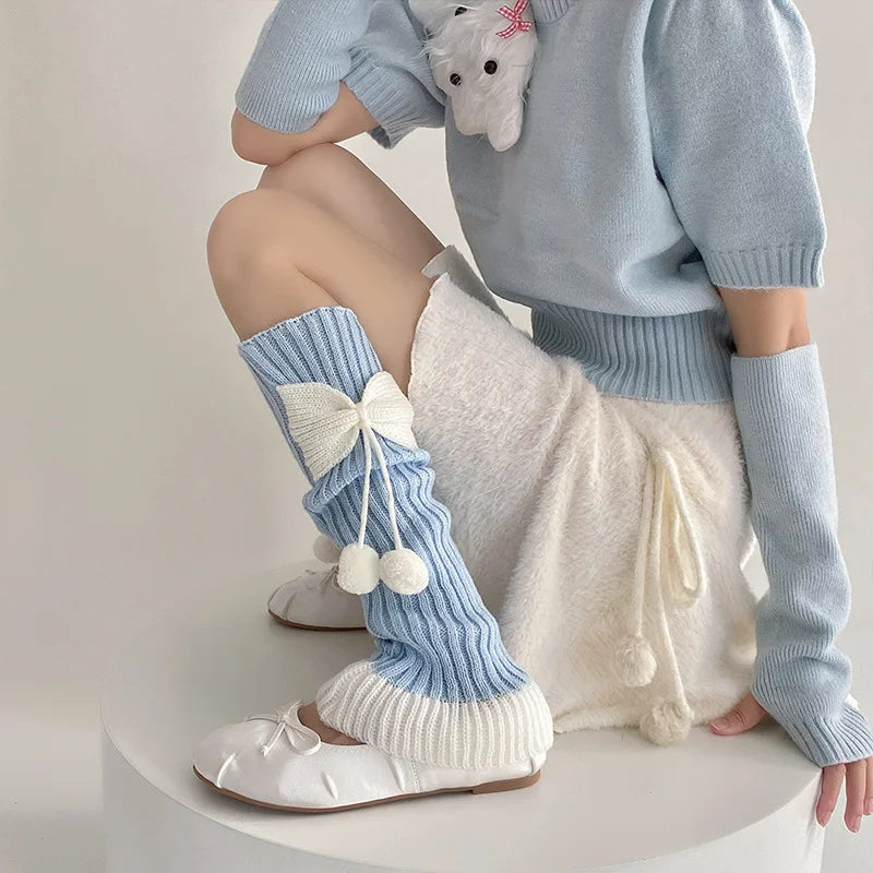 Cozy Cute Bow Pom Pom Leg Warmers