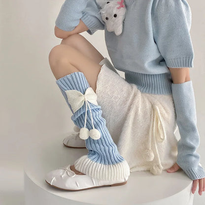 Cozy Cute Bow Pom Pom Leg Warmers