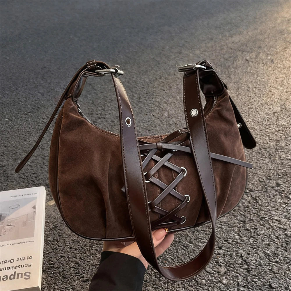 Neutral Brown Underarm Lace Up Shoulder Hand Bag
