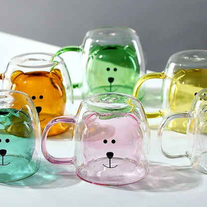 Cute Colorful Bear Double Wall Heat Resistant Glass Coffee Cup