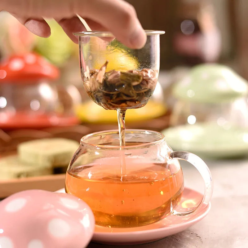 Cute Mushroom Ceramic Glass 290ml Tea Mug with Saucer Gift Set