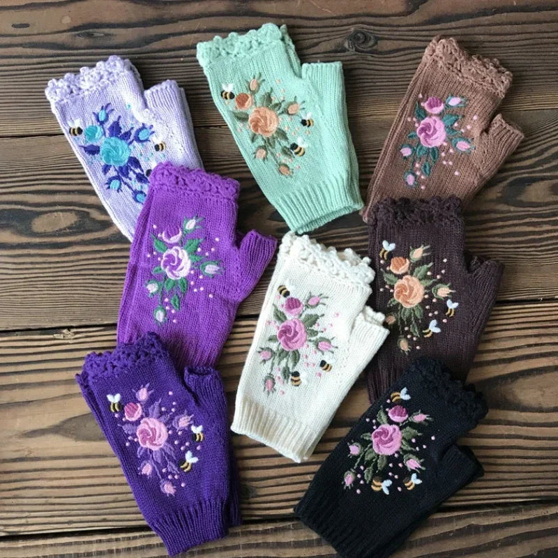 Cozy Floral Half Finger Knitted Gloves