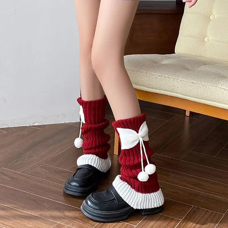 Cozy Cute Bow Pom Pom Leg Warmers
