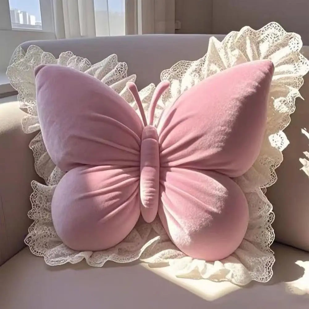 Cute Pink Frill Velvet Butterfly Bow Cushion (Various Colours)