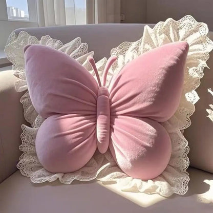 Cute Pink Frill Velvet Butterfly Bow Cushion (Various Colours)