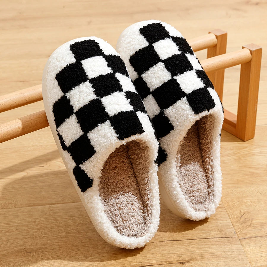 Fuzzy Checker Black White Cozy Slippers Cosy Realm