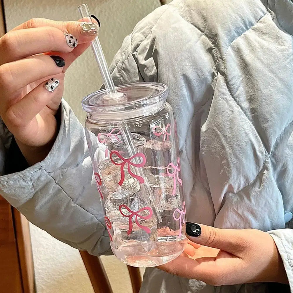 Pink Bow Plastic Iced Coffee Drinks Cup With Lid & Straw