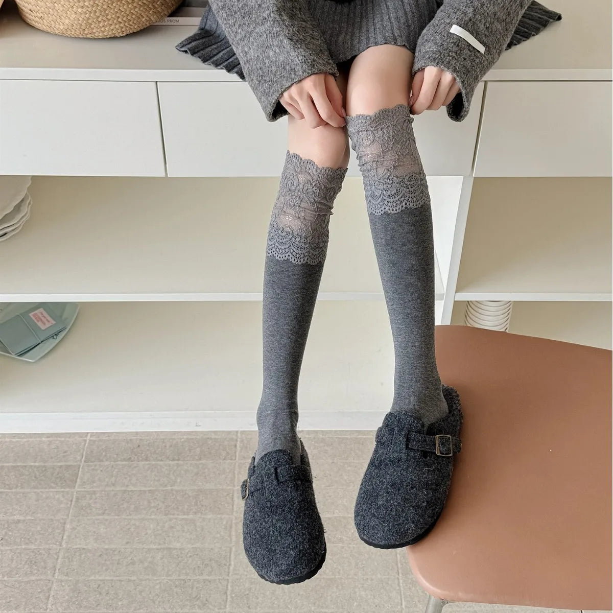 Dark Academia Autumnal Lace Ruffle Calf Socks