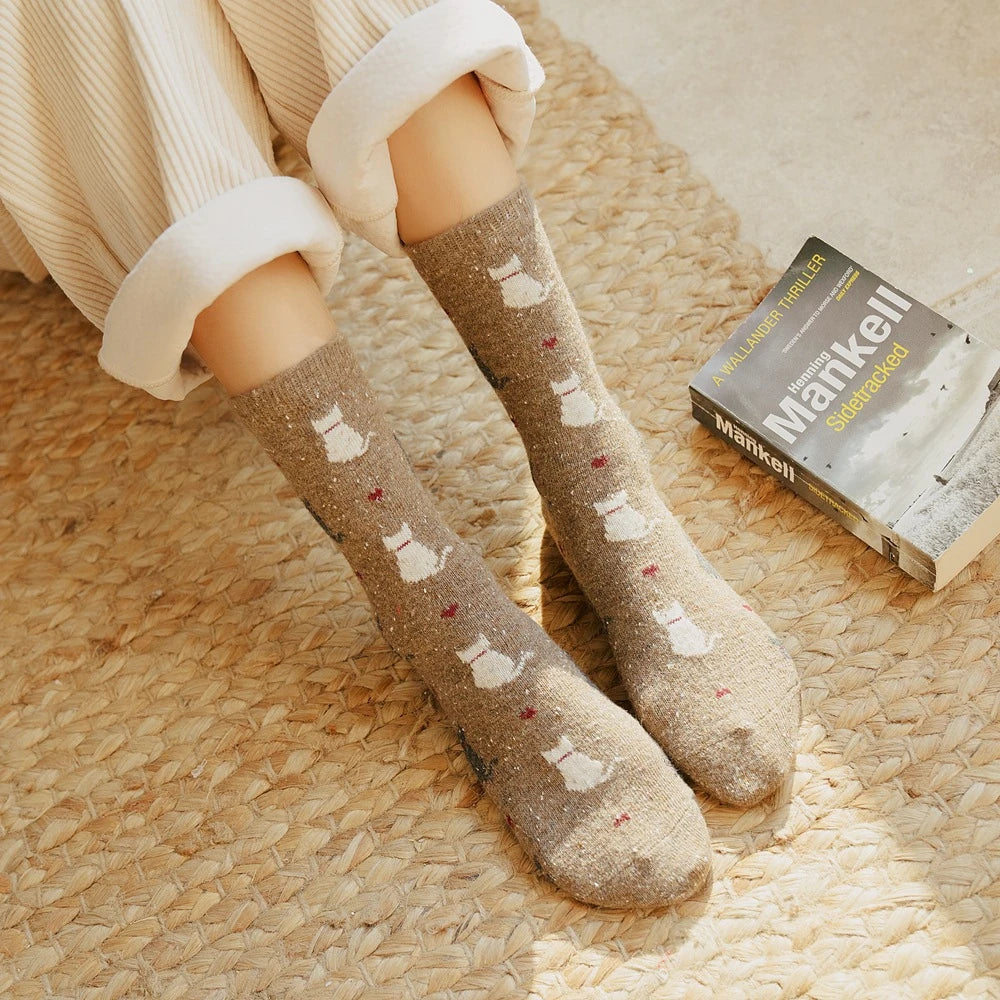 Warm Winter Cute Cat Heart Dots Socks, 1 Pair