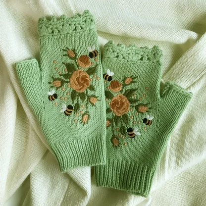 Cozy Floral Half Finger Knitted Gloves