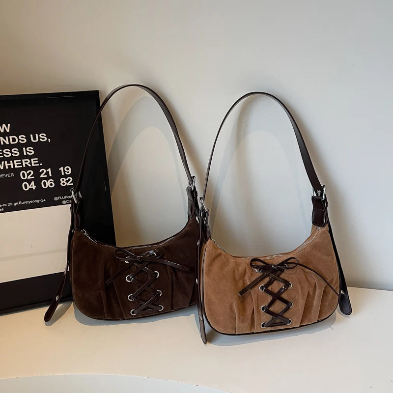 Neutral Brown Underarm Lace Up Shoulder Hand Bag