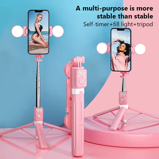 Pink Wireless Selfie Stick Stand with Light Bluetooth with Remote & Tripod