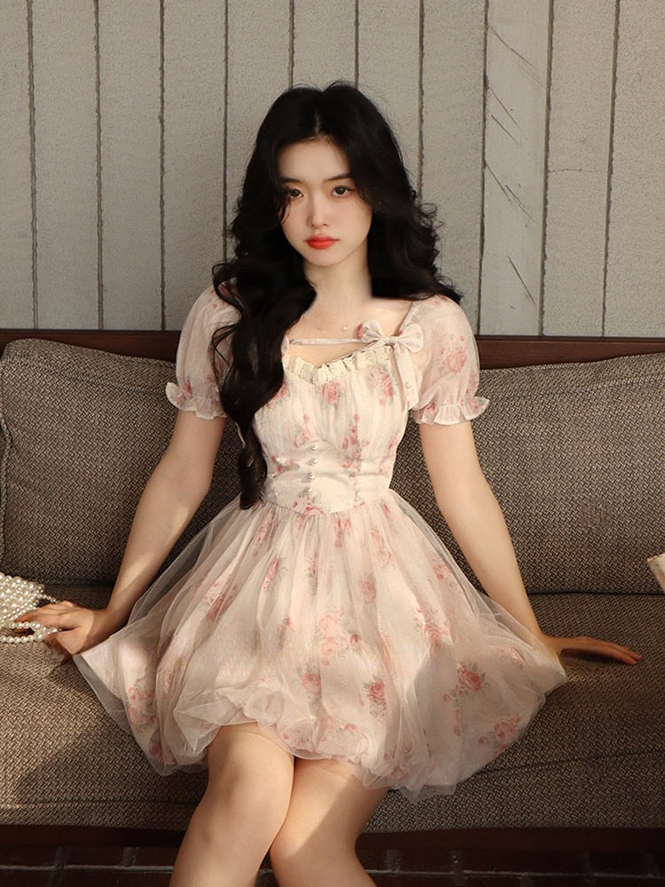 Pink Floral Korean Fashion Mini Dress