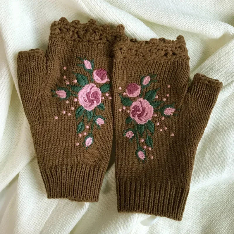 Cozy Floral Half Finger Knitted Gloves