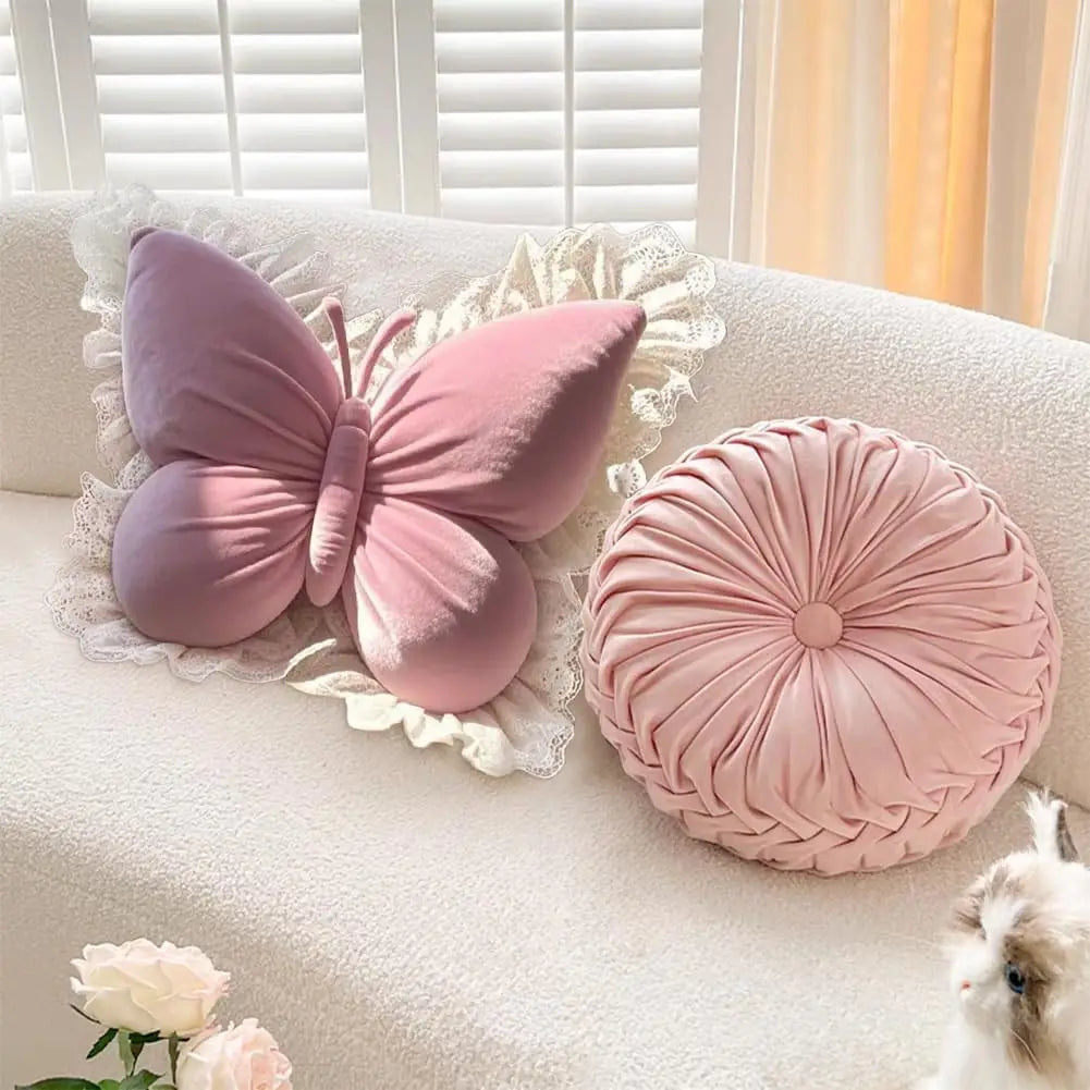 Cute Pink Frill Velvet Butterfly Bow Cushion (Various Colours)