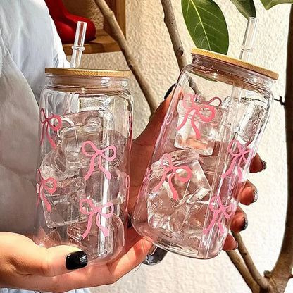 Pink Bow Plastic Iced Coffee Drinks Cup With Lid & Straw