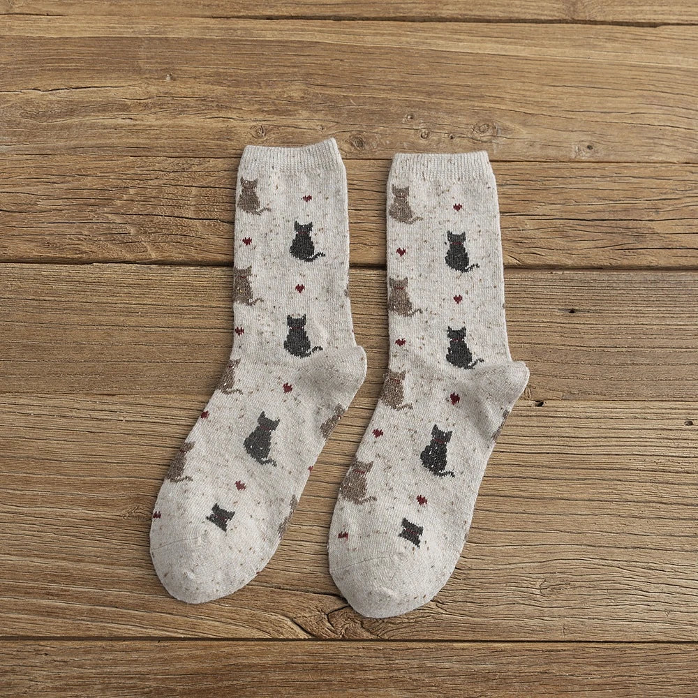 Warm Winter Cute Cat Heart Dots Socks, 1 Pair