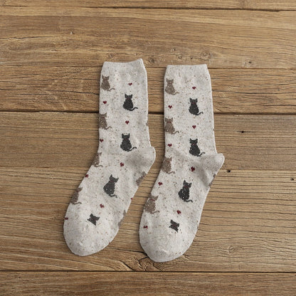Warm Winter Cute Cat Heart Dots Socks, 1 Pair