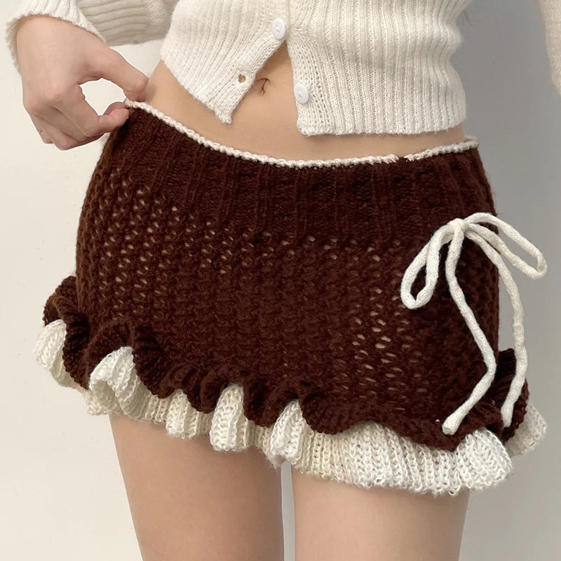 Brown Cute & Cosy Knitted Pom Pom Mini Skirt