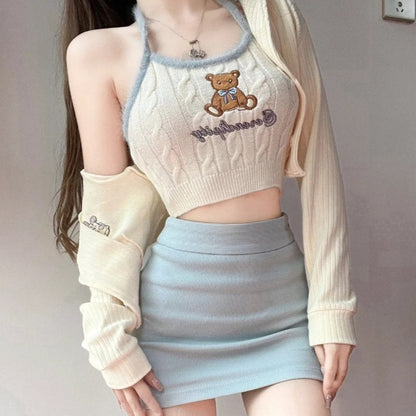 Blue & Cream Cozy Cute Bear Knitted Kawaii Skirt, Top & Cardigan- 3pcs (Separate)