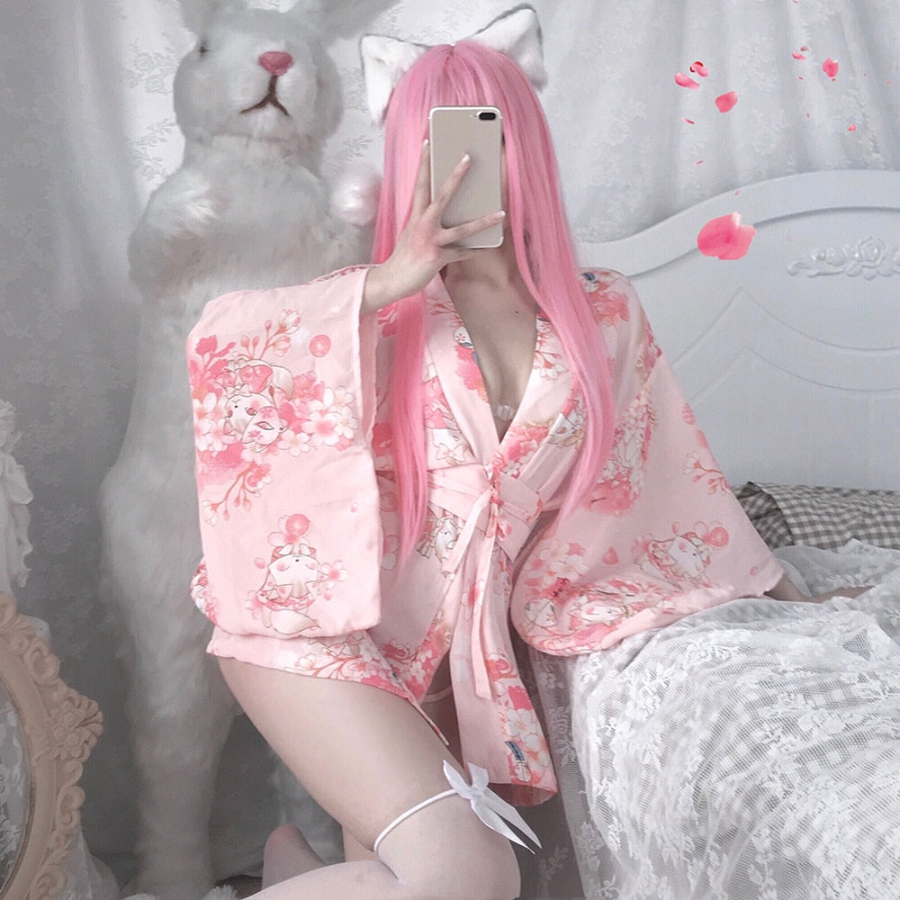 Cute Pink Floral Japanese Cosplay Kimono Pyjamas