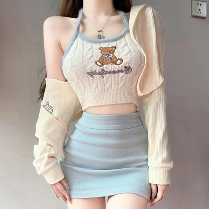 Blue & Cream Cozy Cute Bear Knitted Kawaii Skirt, Top & Cardigan- 3pcs (Separate)
