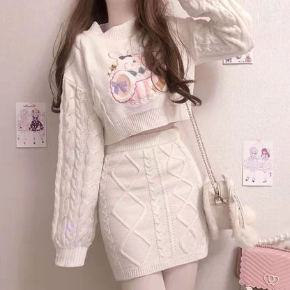 Off White Anime Harajuku Rabbit Cozy Knit Sweater & Mini Skirt Two Piece Set